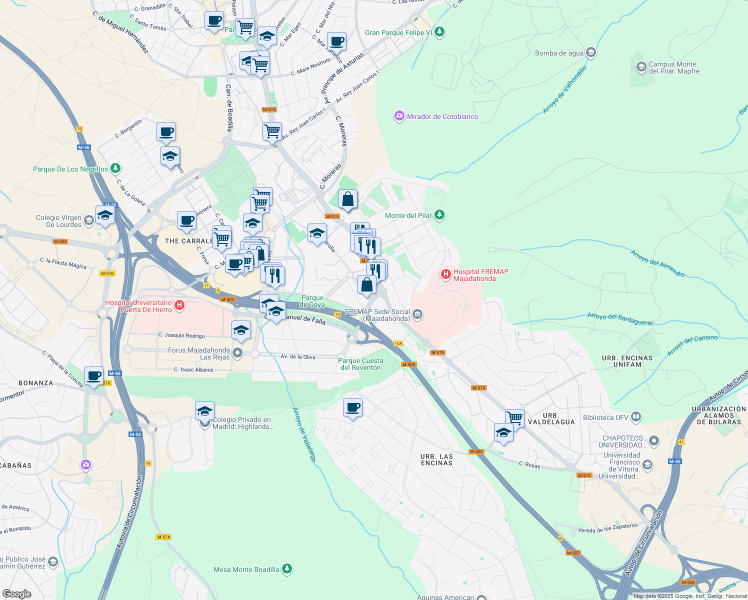 map of restaurants, bars, coffee shops, grocery stores, and more near 50 Carretera de Pozuelo in Majadahonda