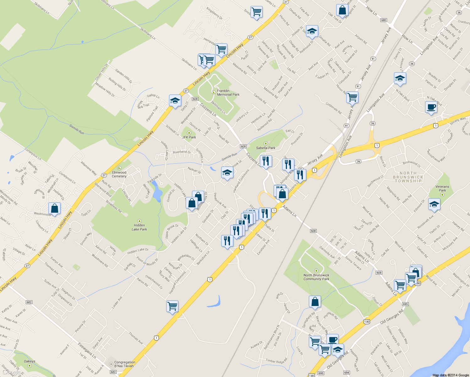 map of restaurants, bars, coffee shops, grocery stores, and more near 2 Sheffield Court in North Brunswick