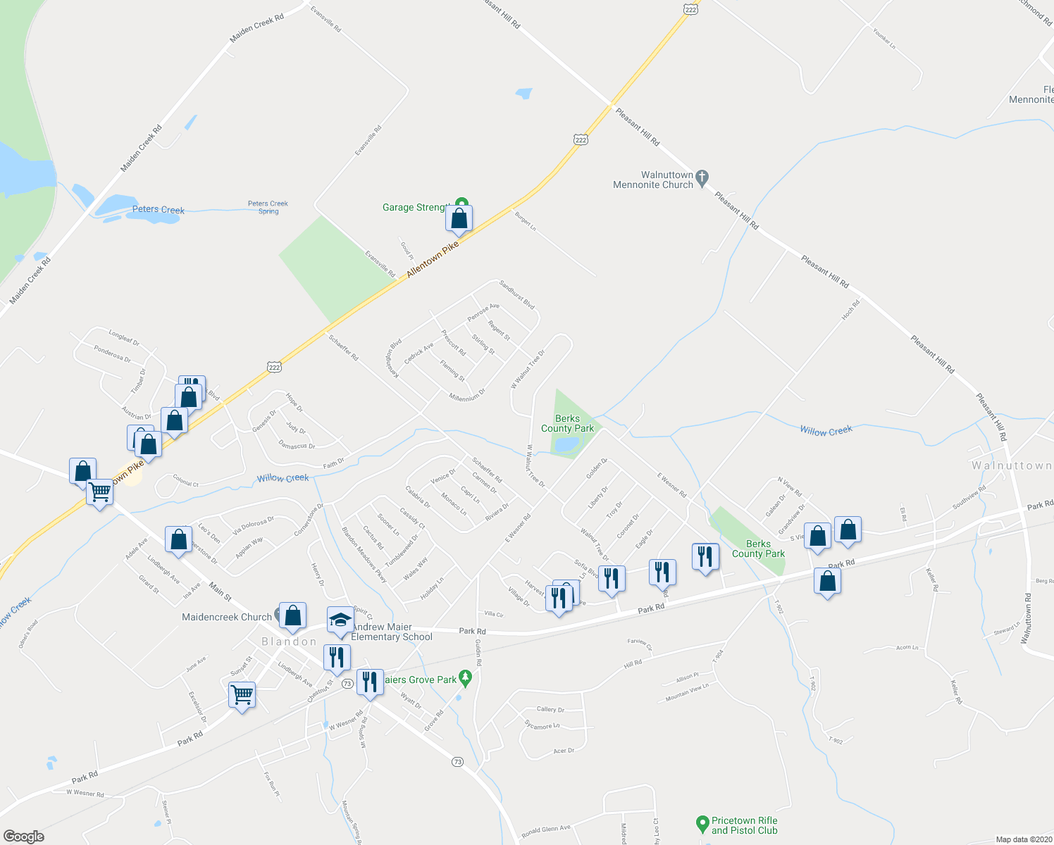 map of restaurants, bars, coffee shops, grocery stores, and more near 386 West Walnut Tree Drive in Blandon