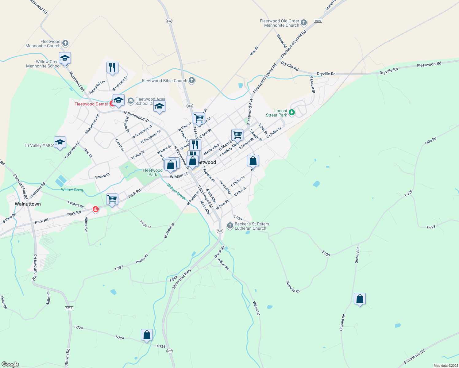 map of restaurants, bars, coffee shops, grocery stores, and more near 35 E Cedar St in Fleetwood