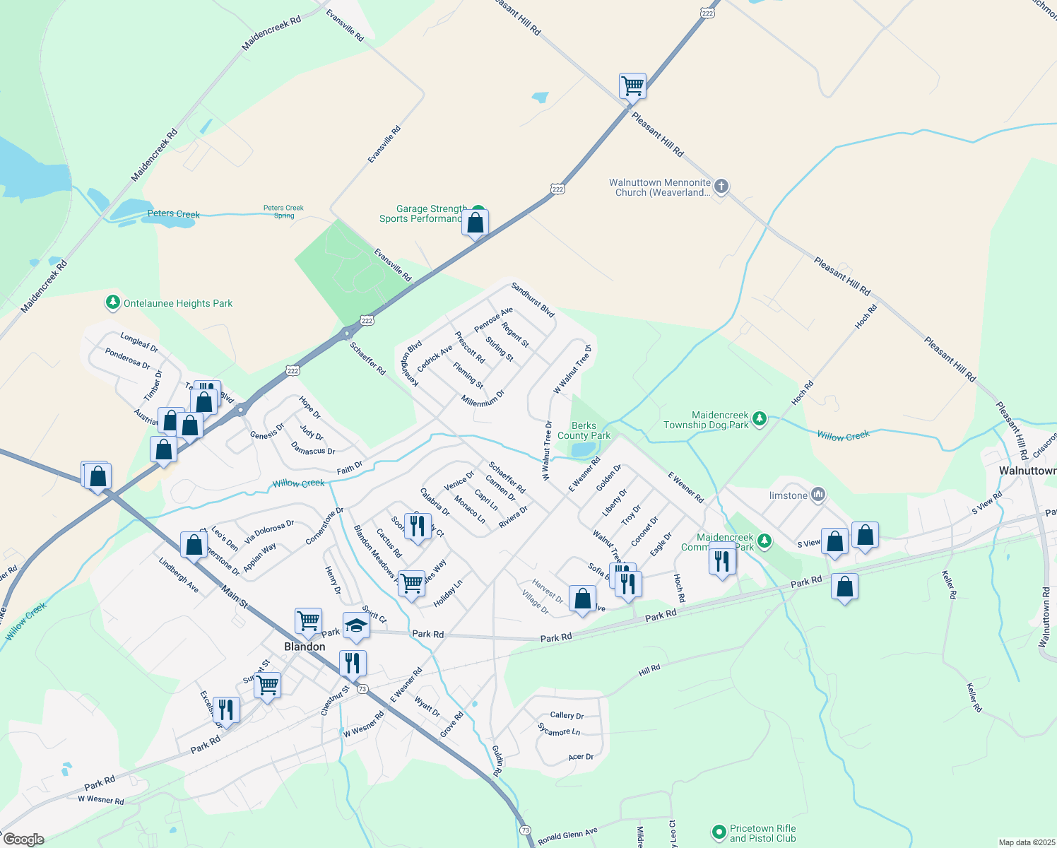 map of restaurants, bars, coffee shops, grocery stores, and more near 378 West Walnut Tree Drive in Blandon