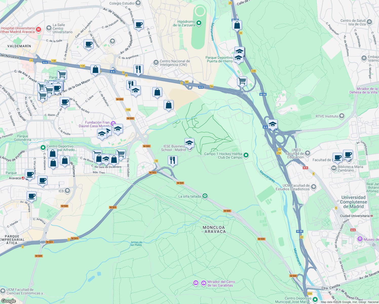 map of restaurants, bars, coffee shops, grocery stores, and more near 3 Camino Cerro del Águila in Madrid