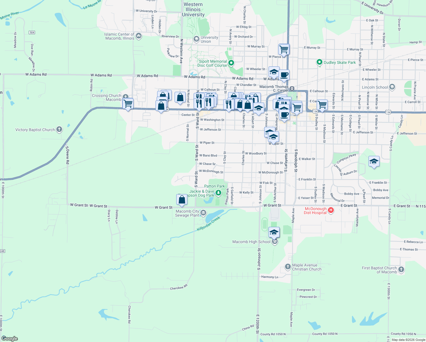 map of restaurants, bars, coffee shops, grocery stores, and more near 798 W McDonough St in Macomb