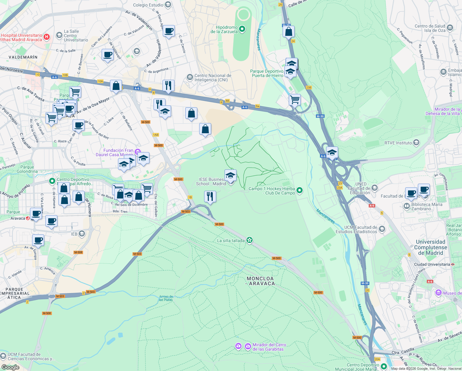 map of restaurants, bars, coffee shops, grocery stores, and more near 3 Camino Cerro del Águila in Madrid