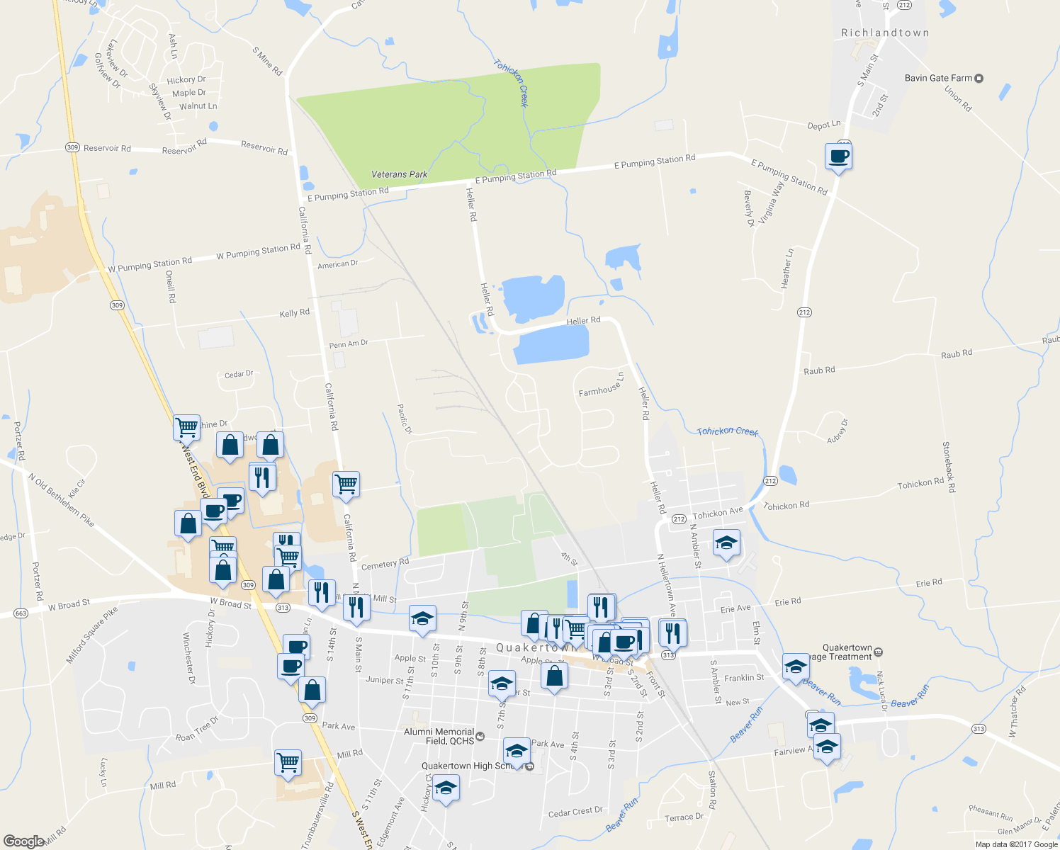 map of restaurants, bars, coffee shops, grocery stores, and more near 1238 Fieldstone Court in Quakertown