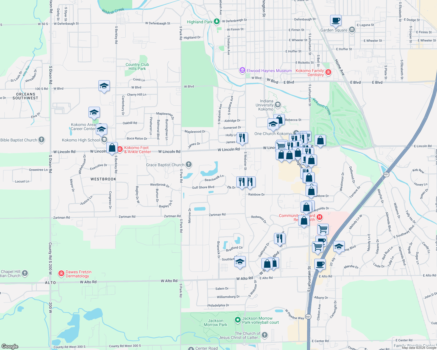 map of restaurants, bars, coffee shops, grocery stores, and more near 2838 Beachwalk Ln in Kokomo