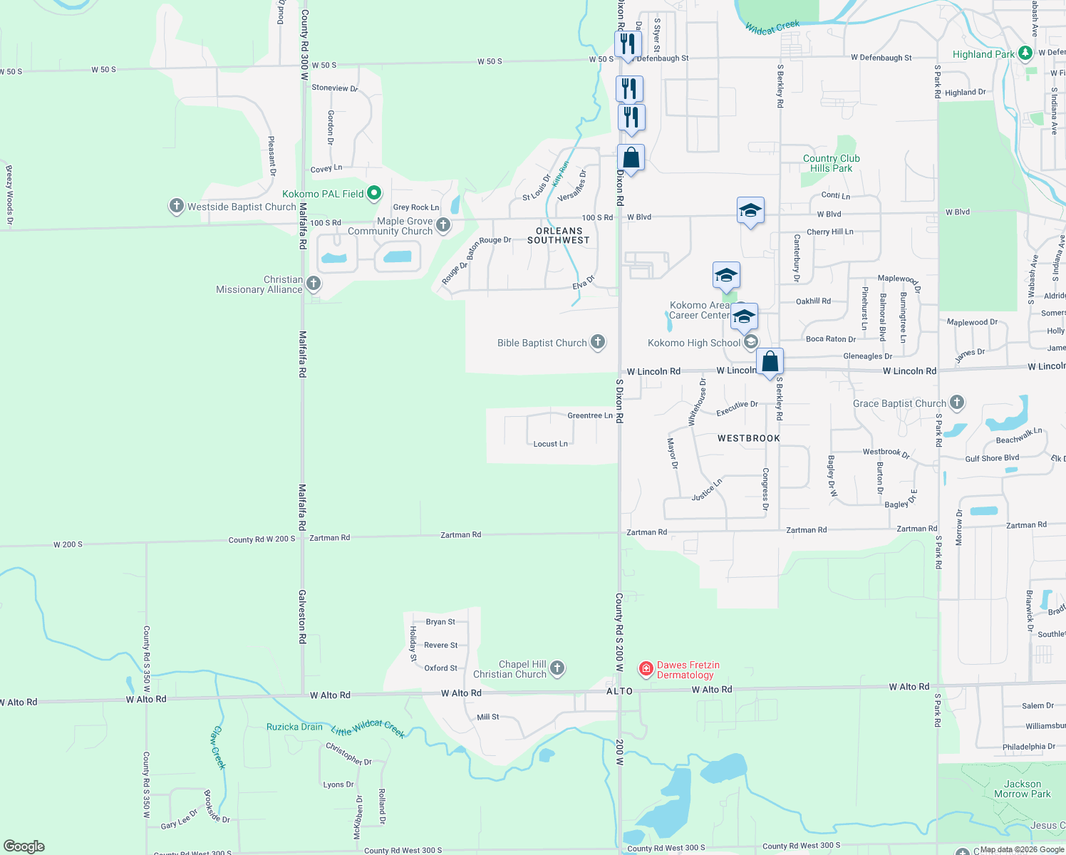 map of restaurants, bars, coffee shops, grocery stores, and more near 2806 Locust Court West in Kokomo