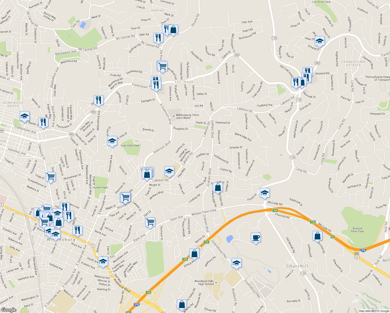 map of restaurants, bars, coffee shops, grocery stores, and more near 1501-1549 Turner Street in Wilkinsburg