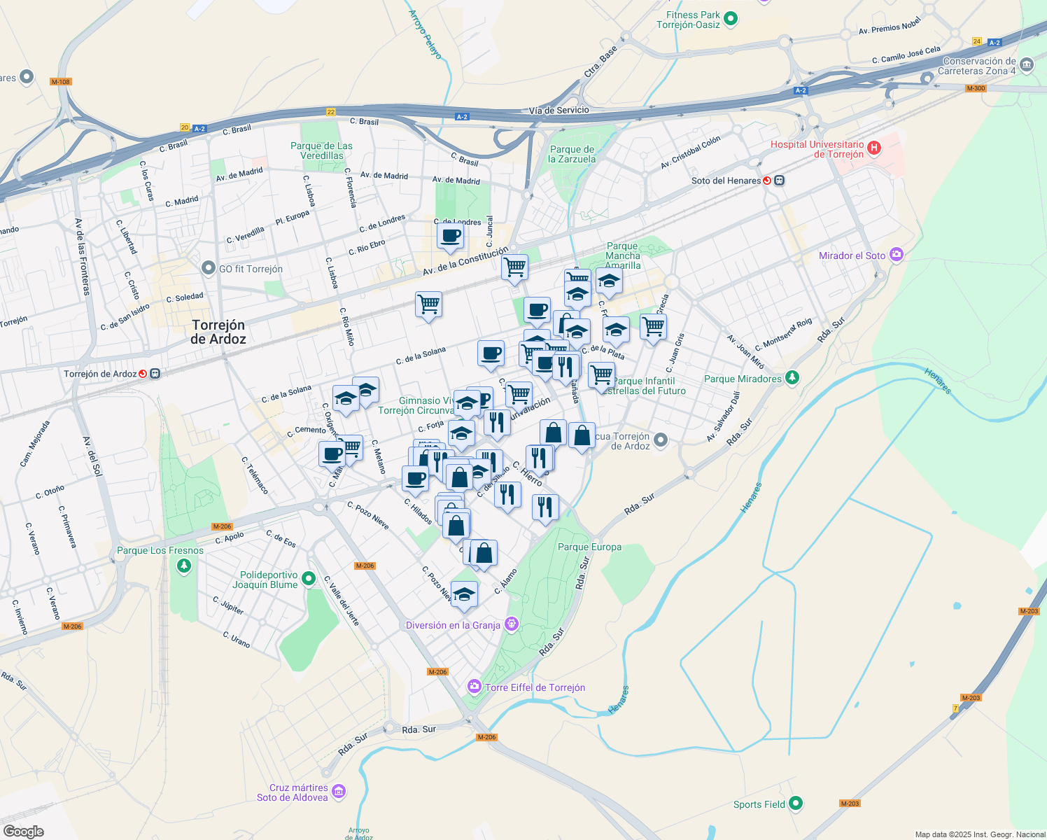 map of restaurants, bars, coffee shops, grocery stores, and more near 28 Calle Circunvalación in Torrejón de Ardoz
