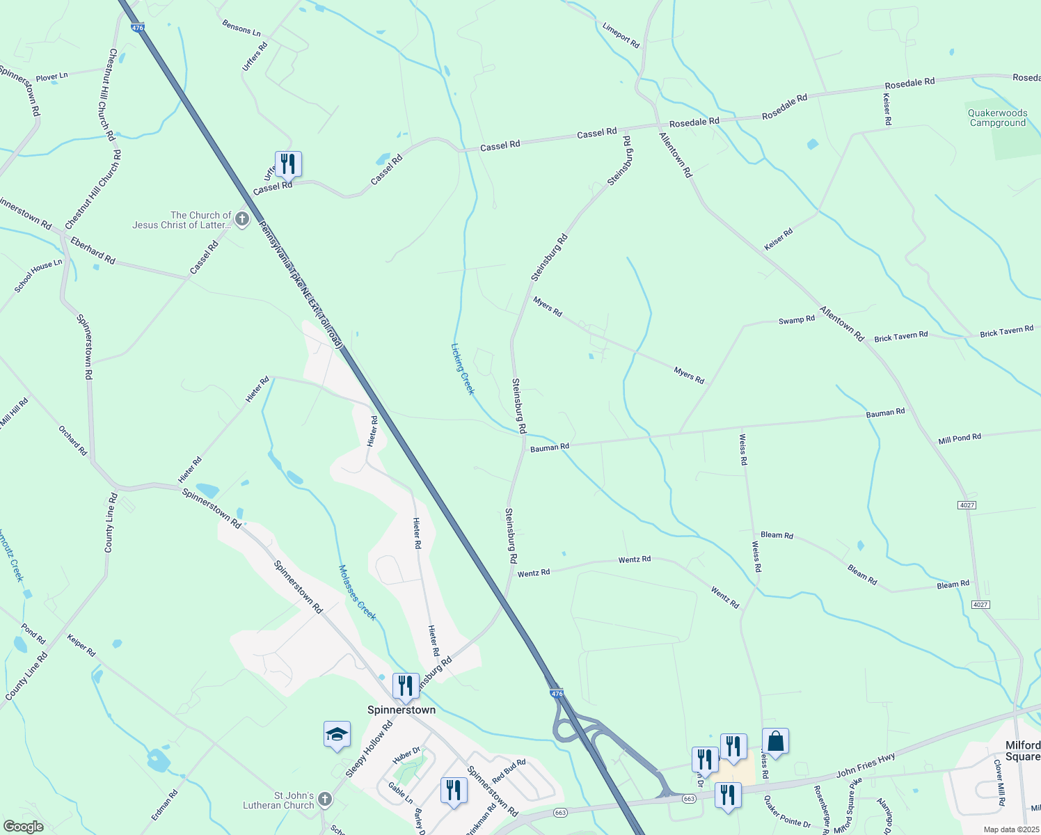 map of restaurants, bars, coffee shops, grocery stores, and more near 2425 Steinsburg Road in Quakertown