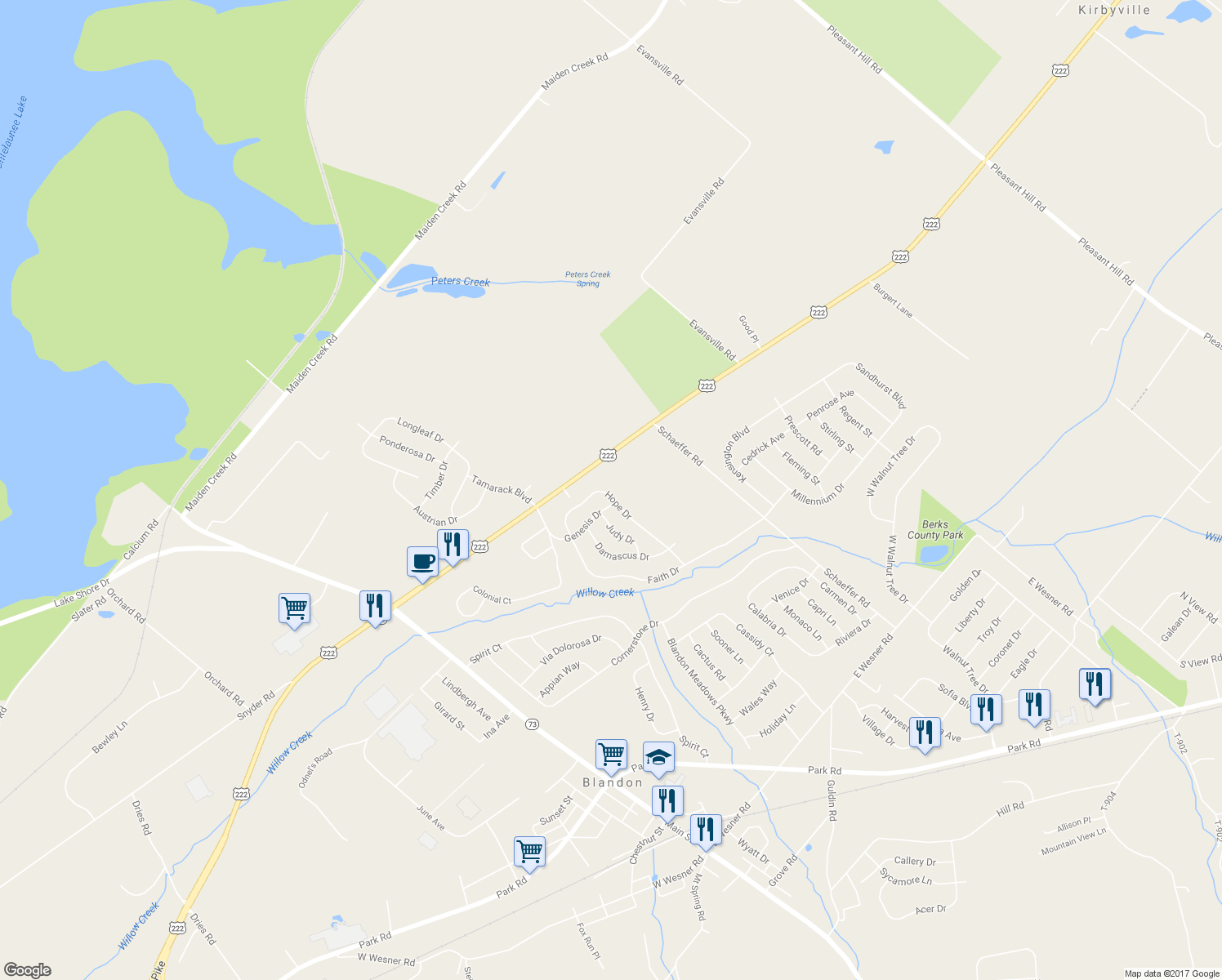 map of restaurants, bars, coffee shops, grocery stores, and more near 258 Hope Drive in Blandon