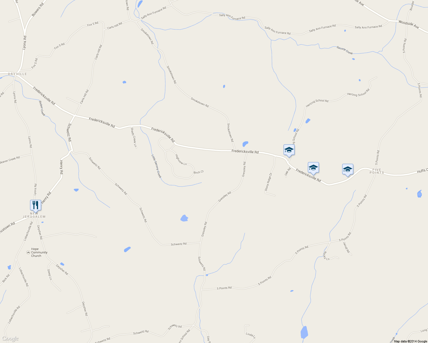 map of restaurants, bars, coffee shops, grocery stores, and more near 146 Fredericksville Road in Mertztown