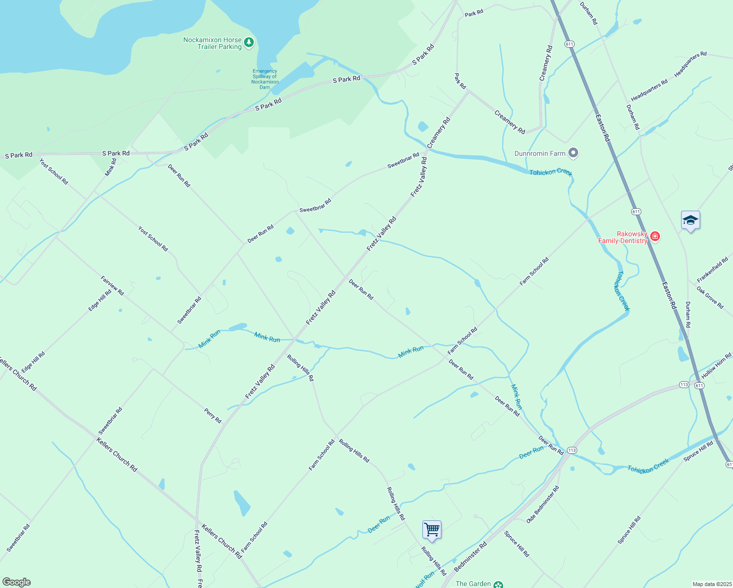 map of restaurants, bars, coffee shops, grocery stores, and more near 1100 Deer Run Road in Ottsville