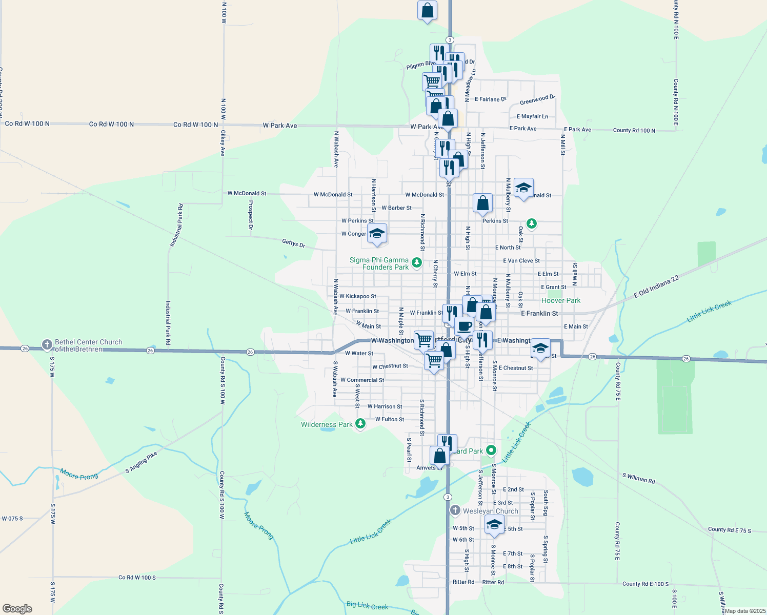 map of restaurants, bars, coffee shops, grocery stores, and more near 708 W Franklin St in Hartford City