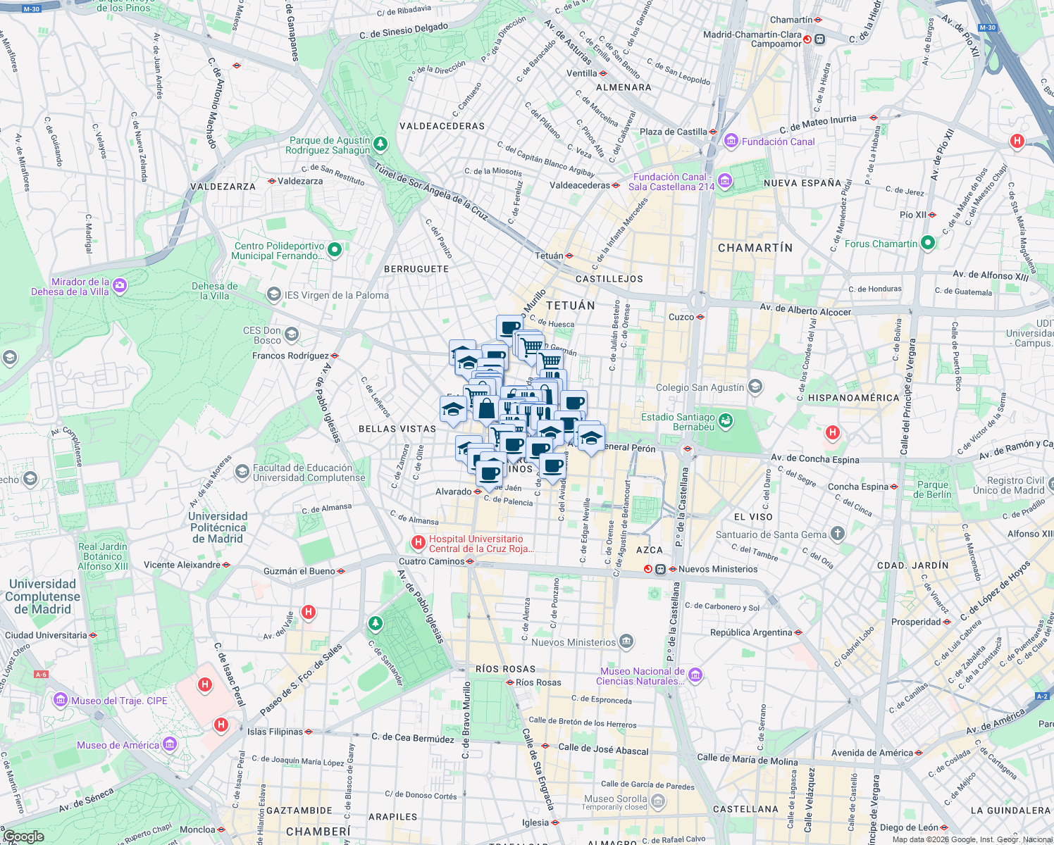 map of restaurants, bars, coffee shops, grocery stores, and more near 29 Calle de Juan de Olías in Madrid