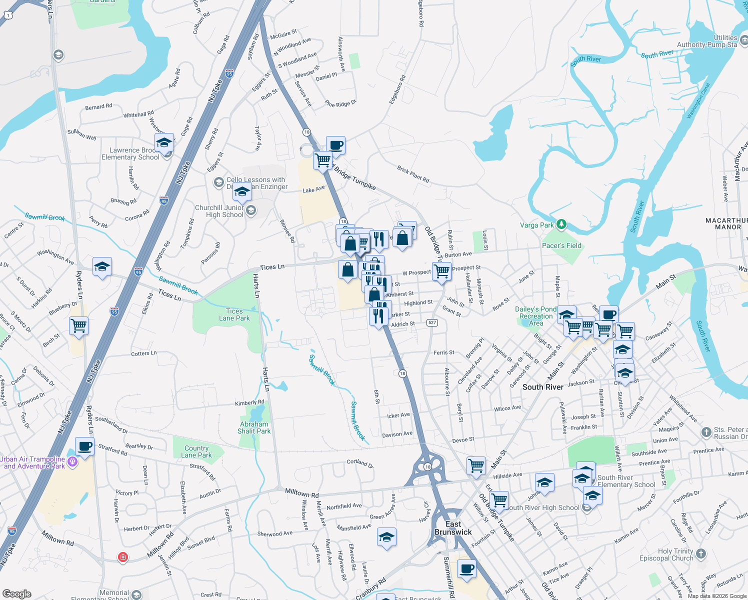 map of restaurants, bars, coffee shops, grocery stores, and more near 339 Highway 18 in East Brunswick