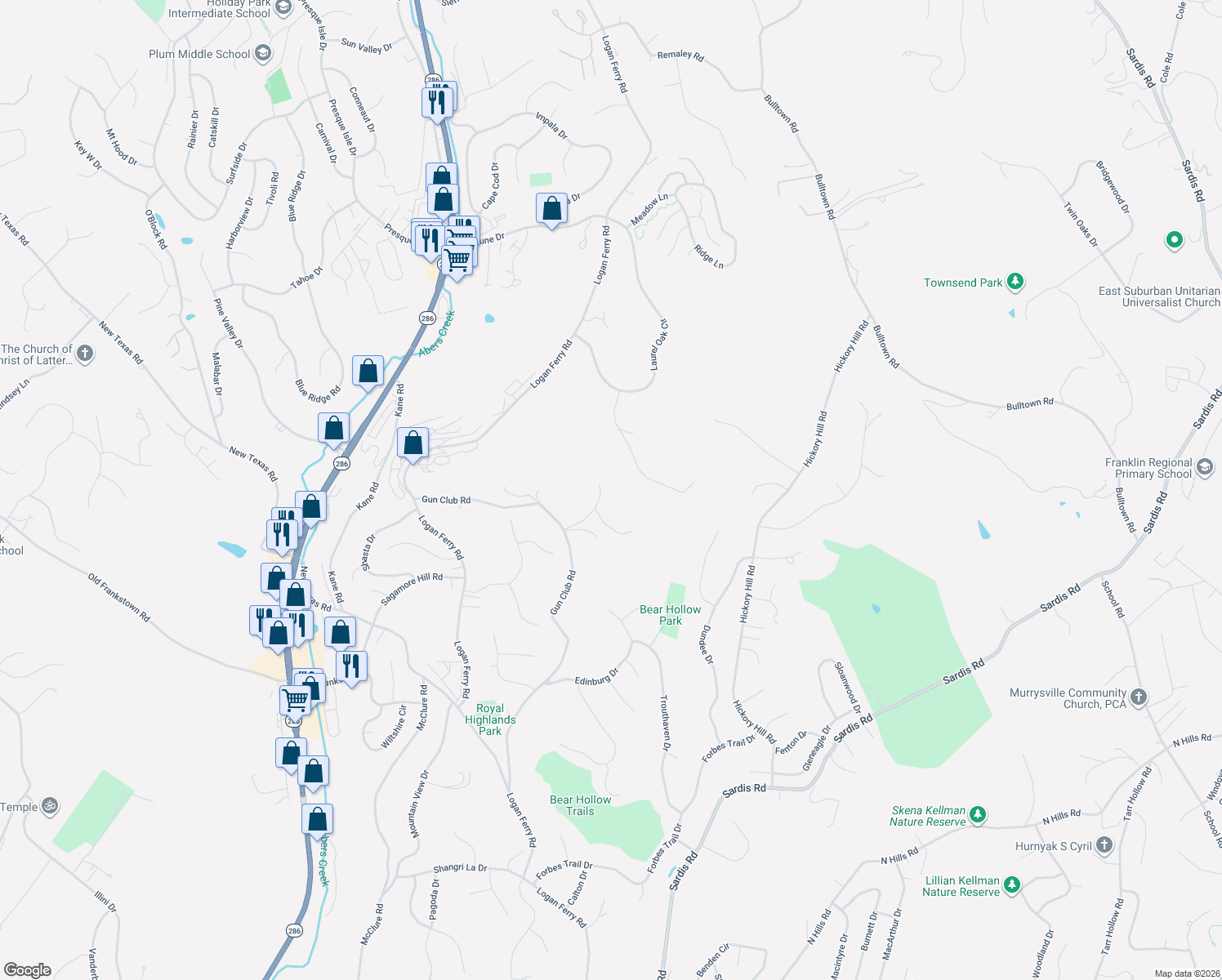map of restaurants, bars, coffee shops, grocery stores, and more near 126 Artman Ln in Murrysville