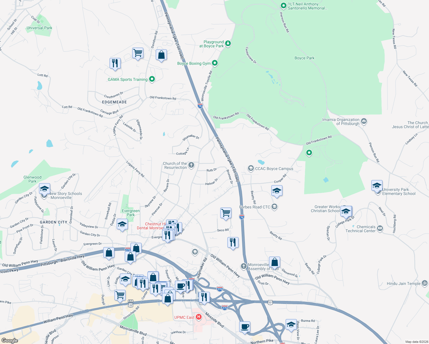 map of restaurants, bars, coffee shops, grocery stores, and more near 441 Brunner Drive in Monroeville