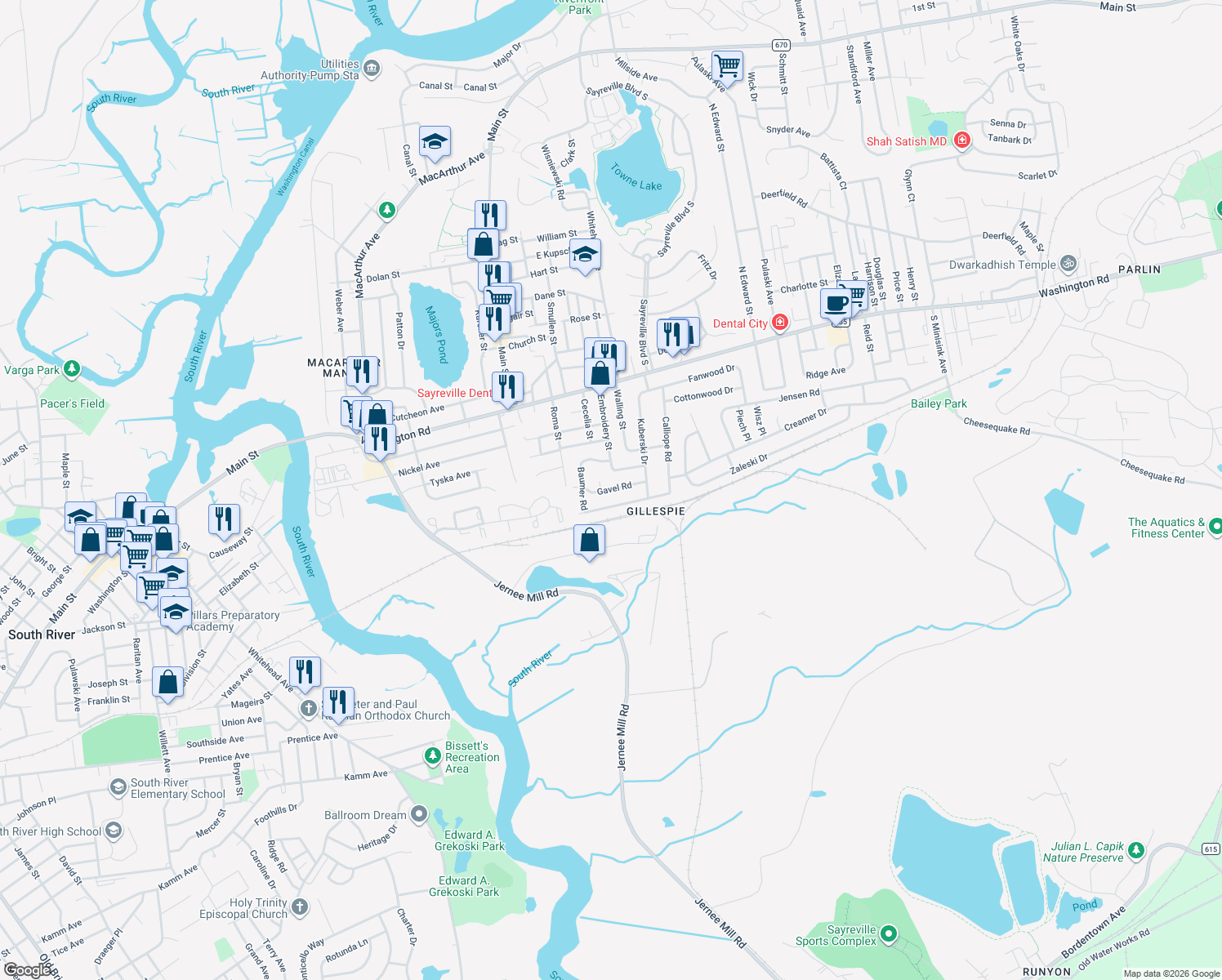 map of restaurants, bars, coffee shops, grocery stores, and more near 9 Gavel Road in Sayreville