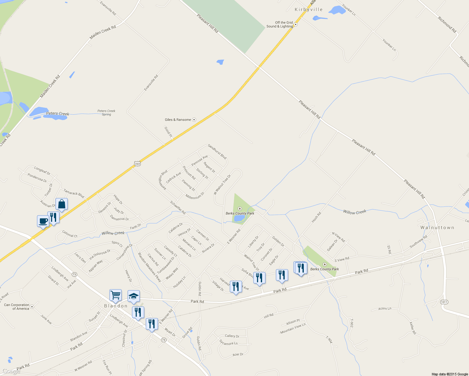 map of restaurants, bars, coffee shops, grocery stores, and more near 268 West Walnut Tree Drive in Blandon