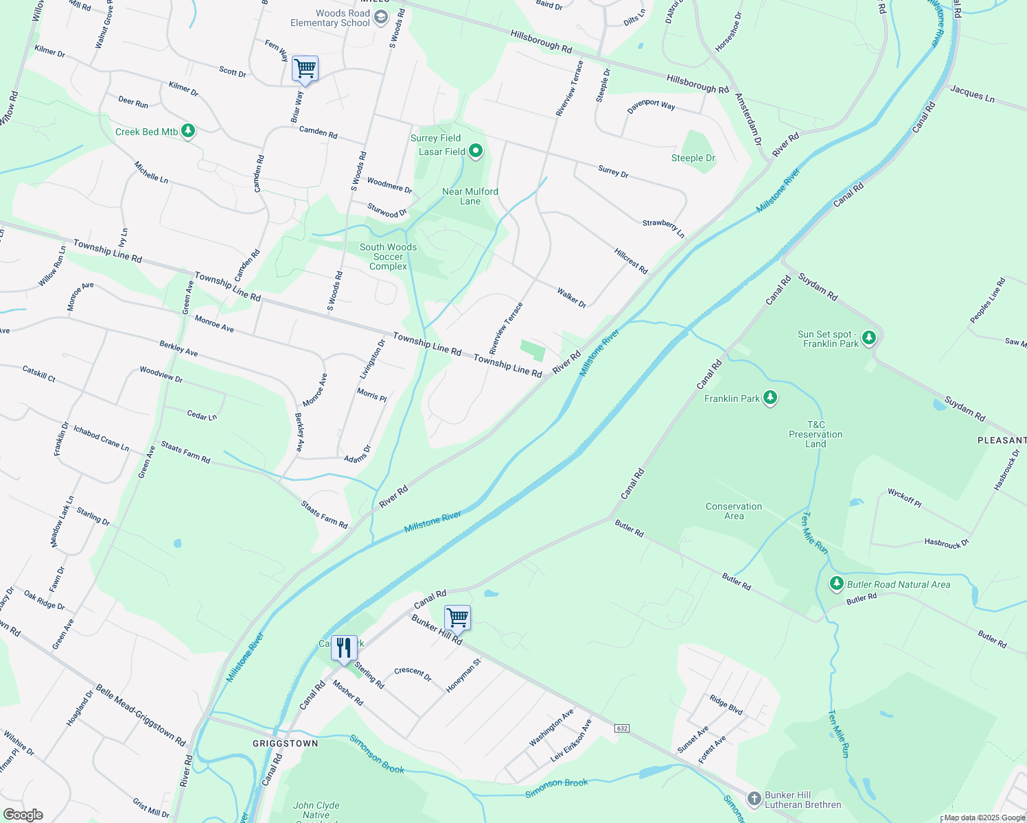 map of restaurants, bars, coffee shops, grocery stores, and more near 834 Millstone River Road in Montgomery