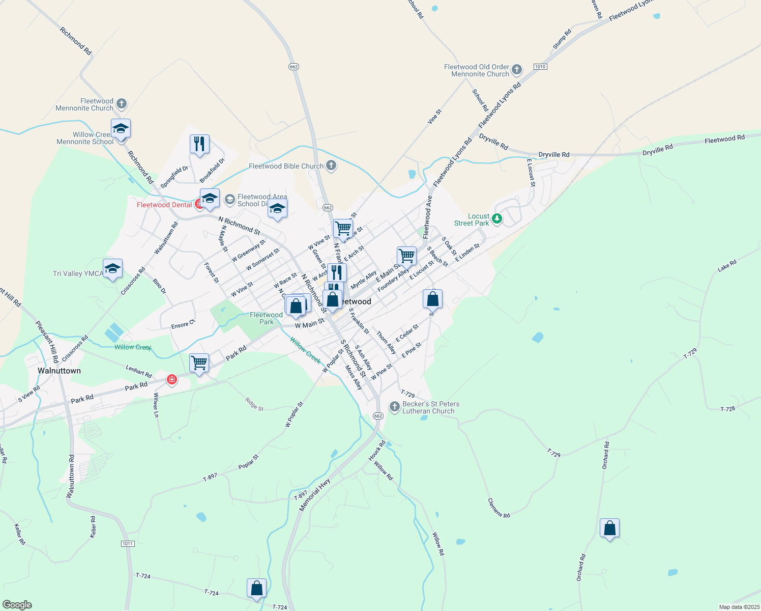 map of restaurants, bars, coffee shops, grocery stores, and more near 56 East Locust Street in Fleetwood