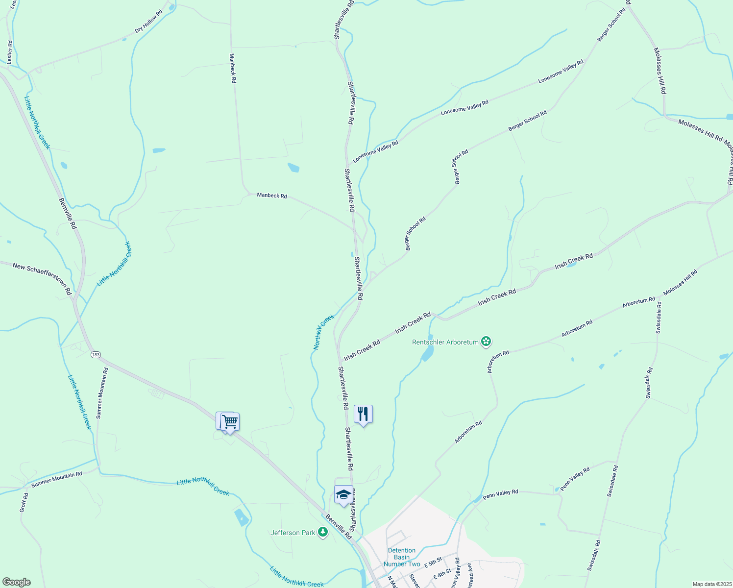 map of restaurants, bars, coffee shops, grocery stores, and more near 2 Berger School Road in Bernville