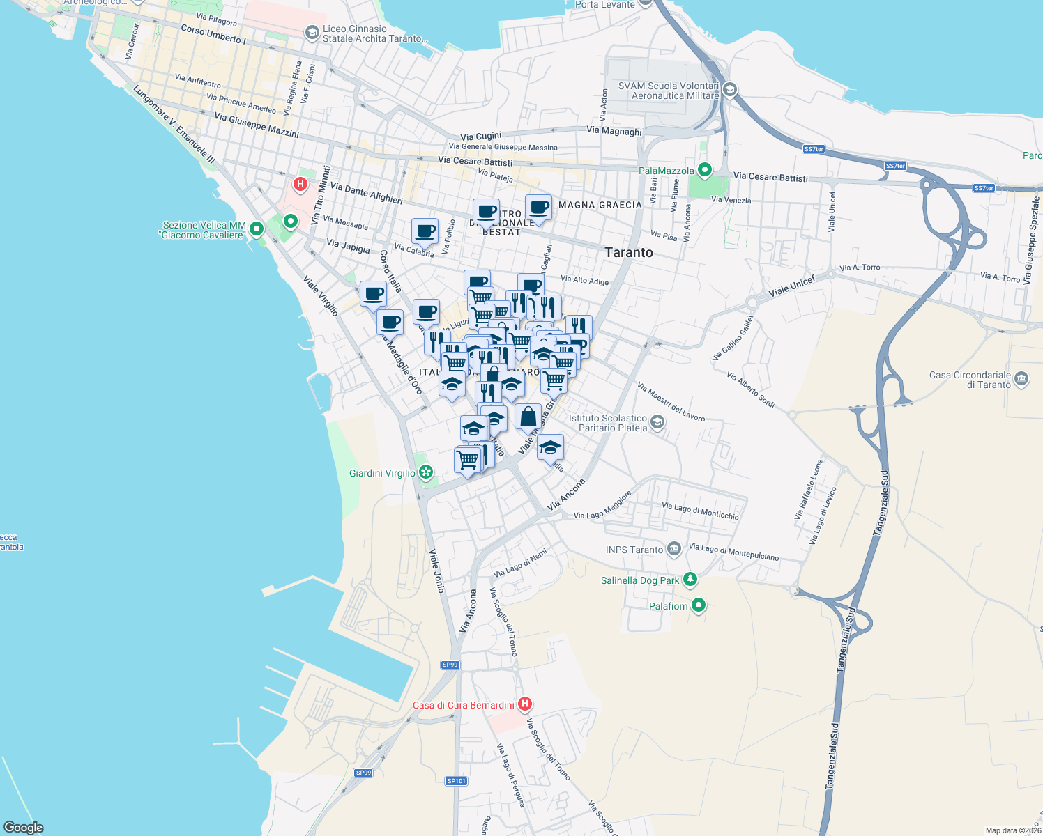 map of restaurants, bars, coffee shops, grocery stores, and more near 102 Via Lazio in Taranto