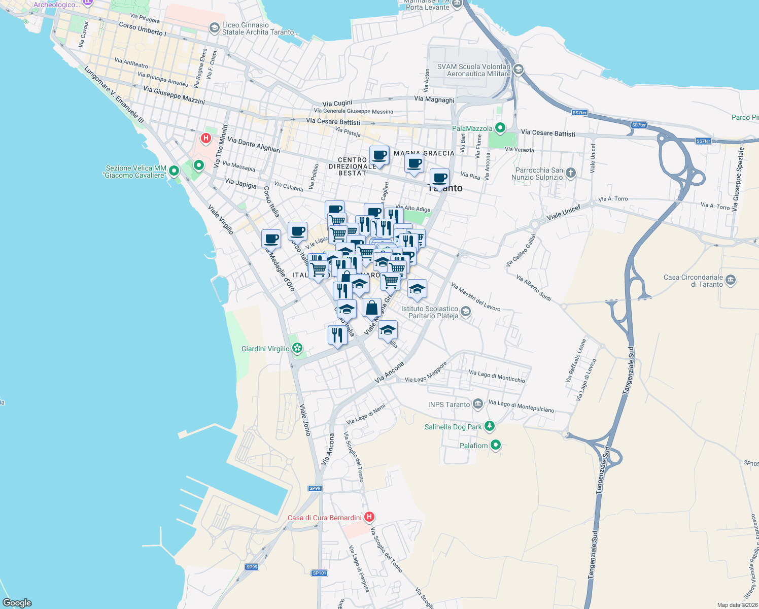 map of restaurants, bars, coffee shops, grocery stores, and more near 339 Viale Magna Grecia in Taranto