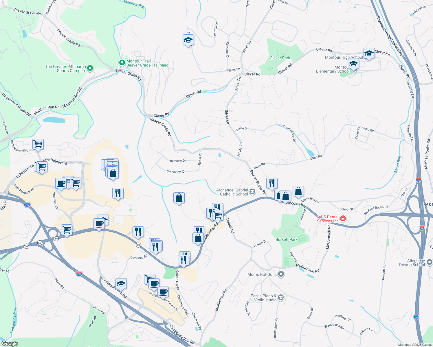 map of restaurants, bars, coffee shops, grocery stores, and more near 534 Meade Drive in McKees Rocks