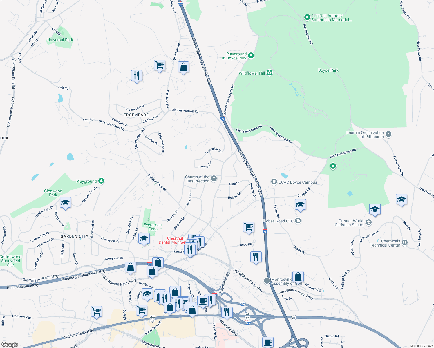 map of restaurants, bars, coffee shops, grocery stores, and more near 435 Franklin Heights Drive in Monroeville