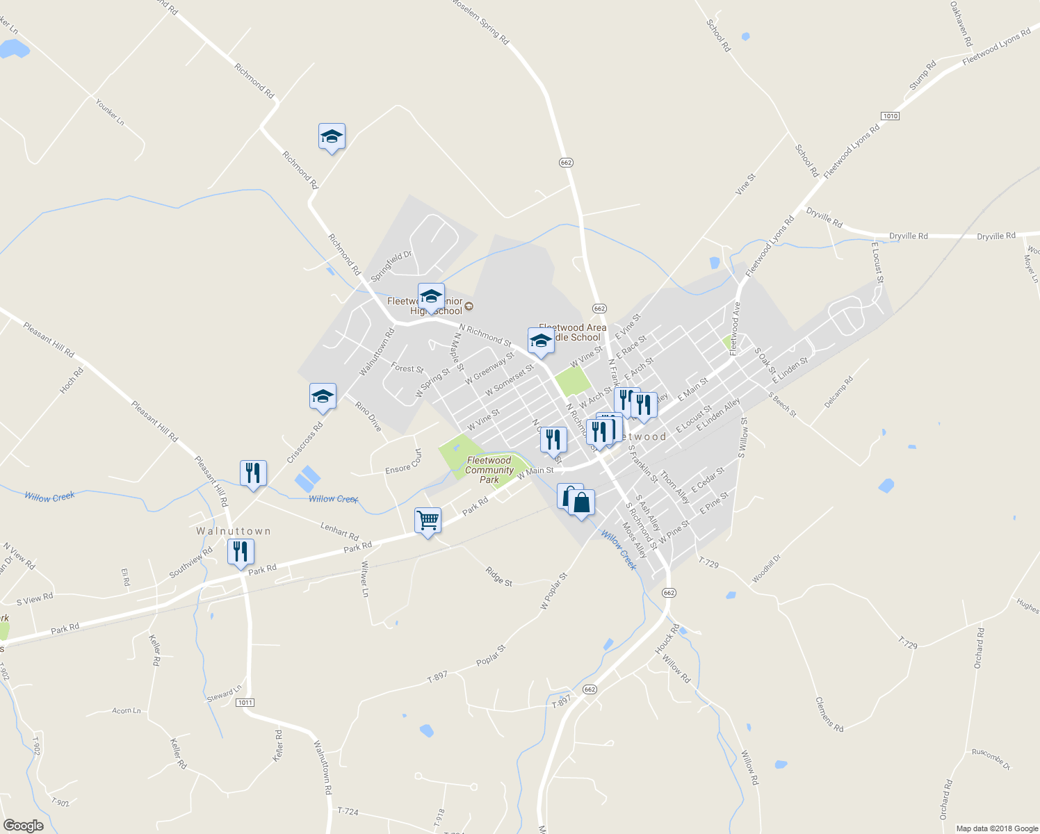 map of restaurants, bars, coffee shops, grocery stores, and more near 309 West Race Street in Fleetwood