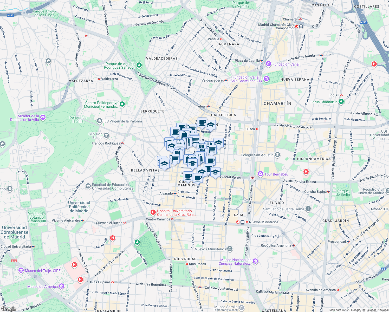 map of restaurants, bars, coffee shops, grocery stores, and more near 44 Calle de Lérida in Madrid