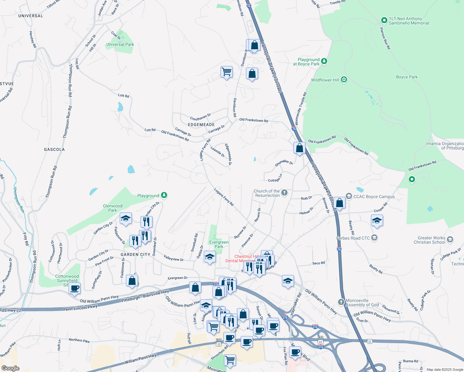 map of restaurants, bars, coffee shops, grocery stores, and more near 418 Hazel Drive in Monroeville