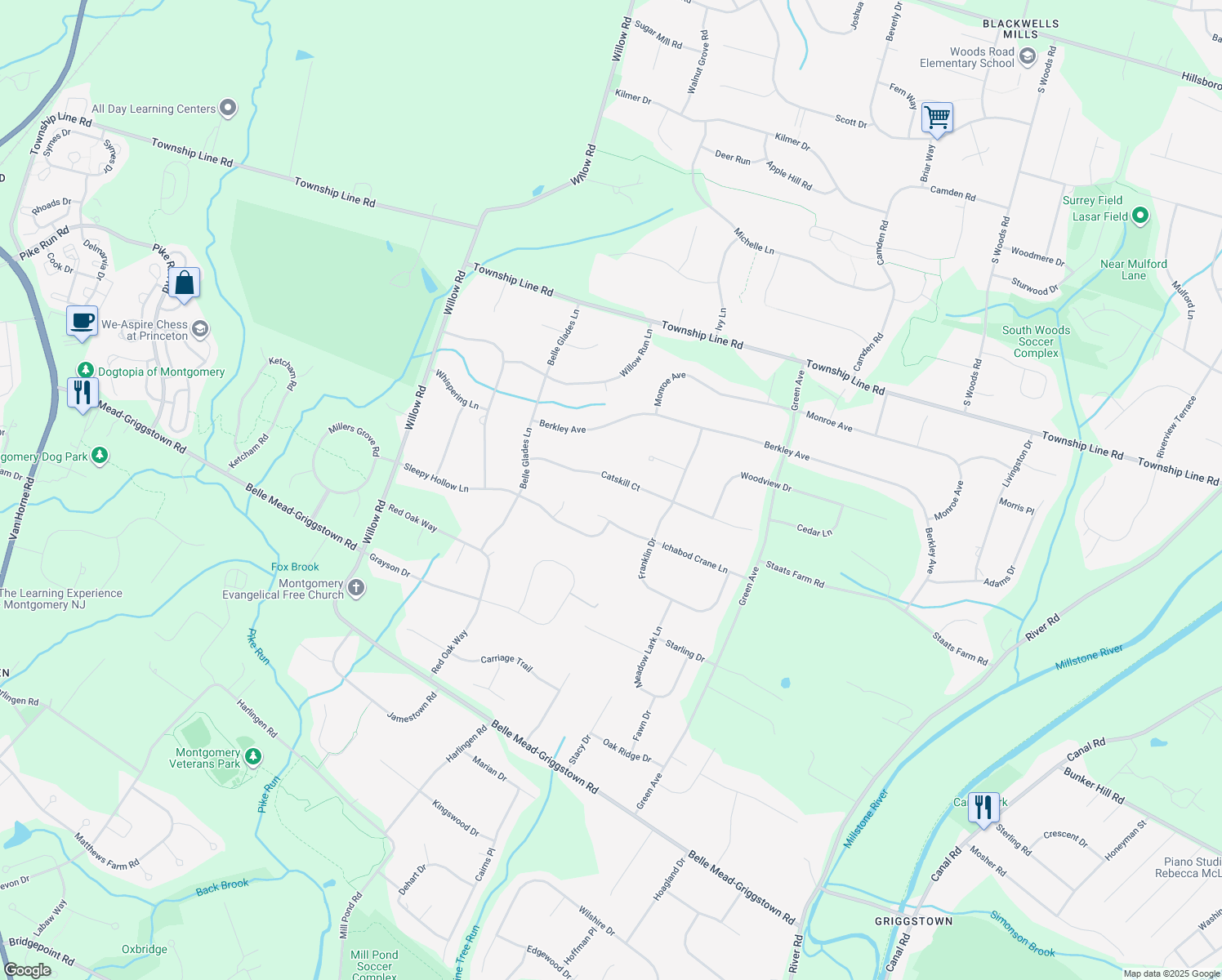 map of restaurants, bars, coffee shops, grocery stores, and more near 53 Catskill Court in Montgomery
