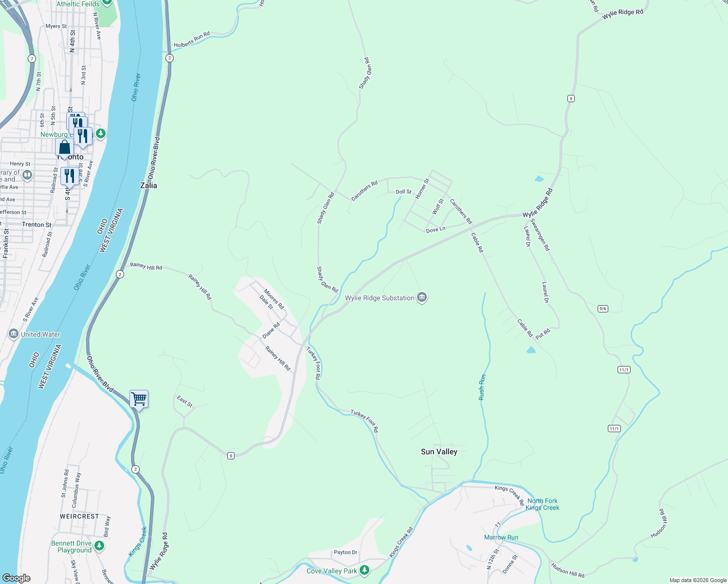 map of restaurants, bars, coffee shops, grocery stores, and more near 2056 Wylie Ridge Rd in Weirton