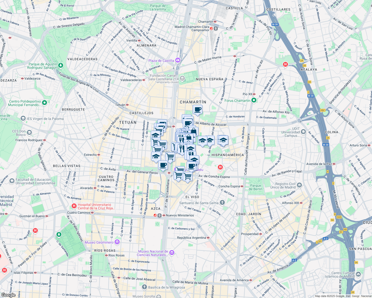 map of restaurants, bars, coffee shops, grocery stores, and more near 7 Calle Manuel de Falla in Madrid