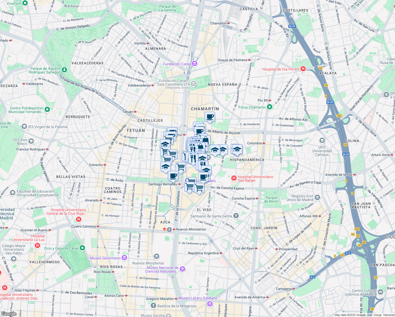 map of restaurants, bars, coffee shops, grocery stores, and more near 7 Calle Manuel de Falla in Madrid