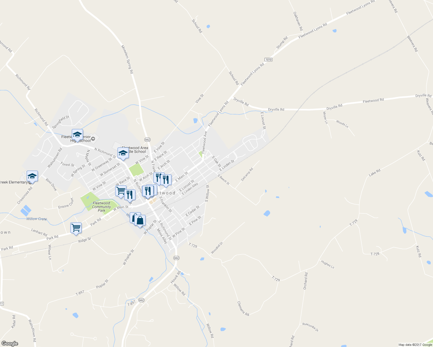 map of restaurants, bars, coffee shops, grocery stores, and more near 249 South Beech Street in Fleetwood