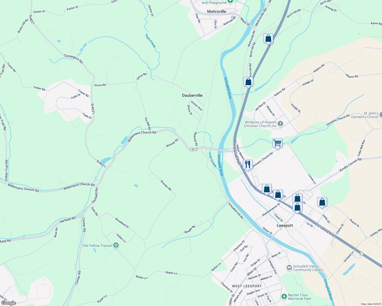 map of restaurants, bars, coffee shops, grocery stores, and more near 417 Bellemans Church Road in Dauberville