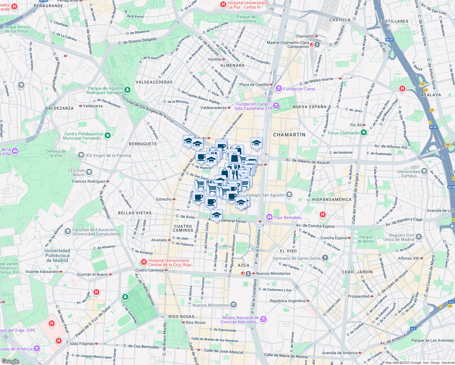 map of restaurants, bars, coffee shops, grocery stores, and more near in Madrid