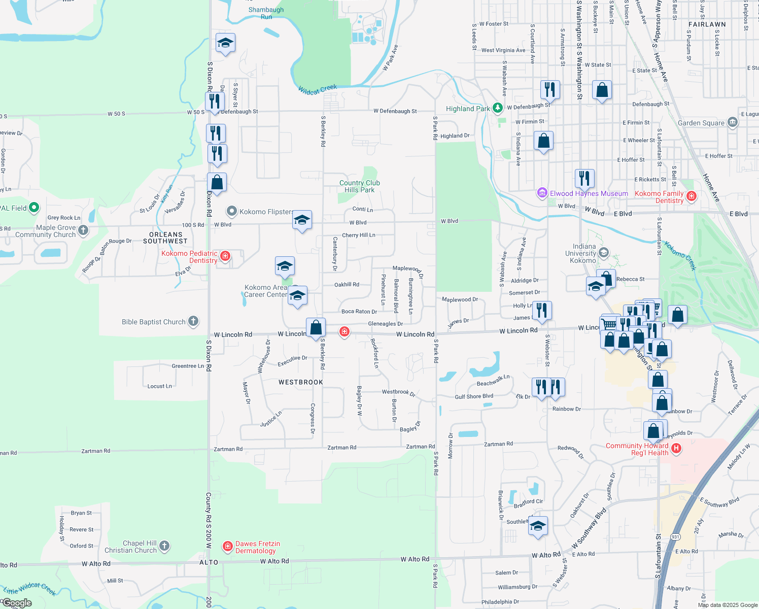 map of restaurants, bars, coffee shops, grocery stores, and more near 2421 Pinehurst Ln in Kokomo
