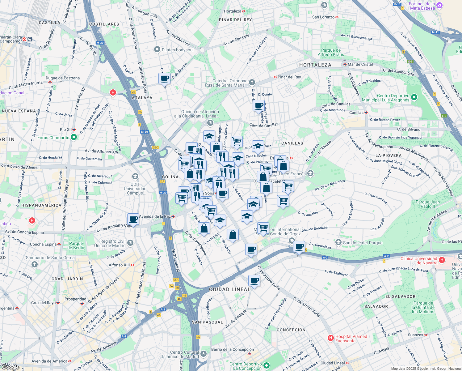map of restaurants, bars, coffee shops, grocery stores, and more near 16 Calle de Ulises in Madrid
