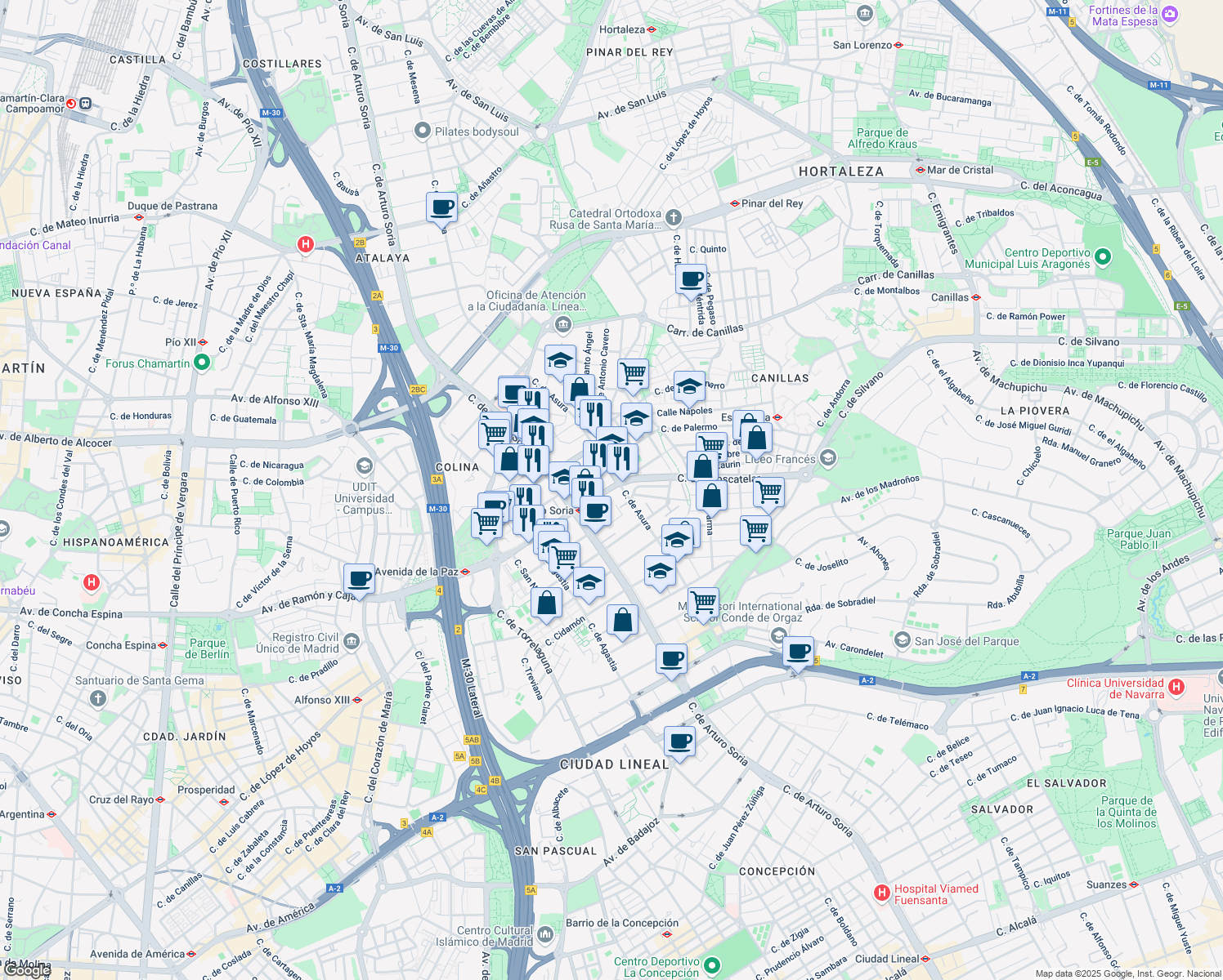map of restaurants, bars, coffee shops, grocery stores, and more near 16 Calle de Ulises in Madrid
