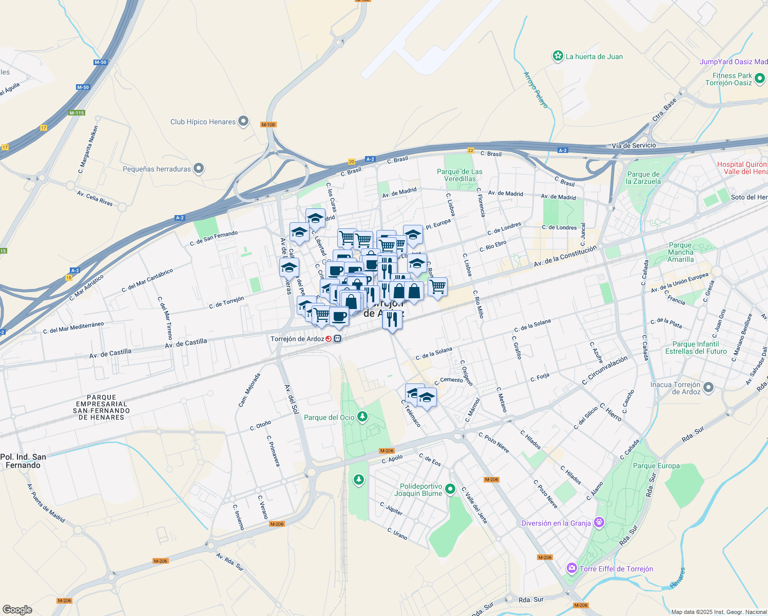 map of restaurants, bars, coffee shops, grocery stores, and more near in Torrejón de Ardoz