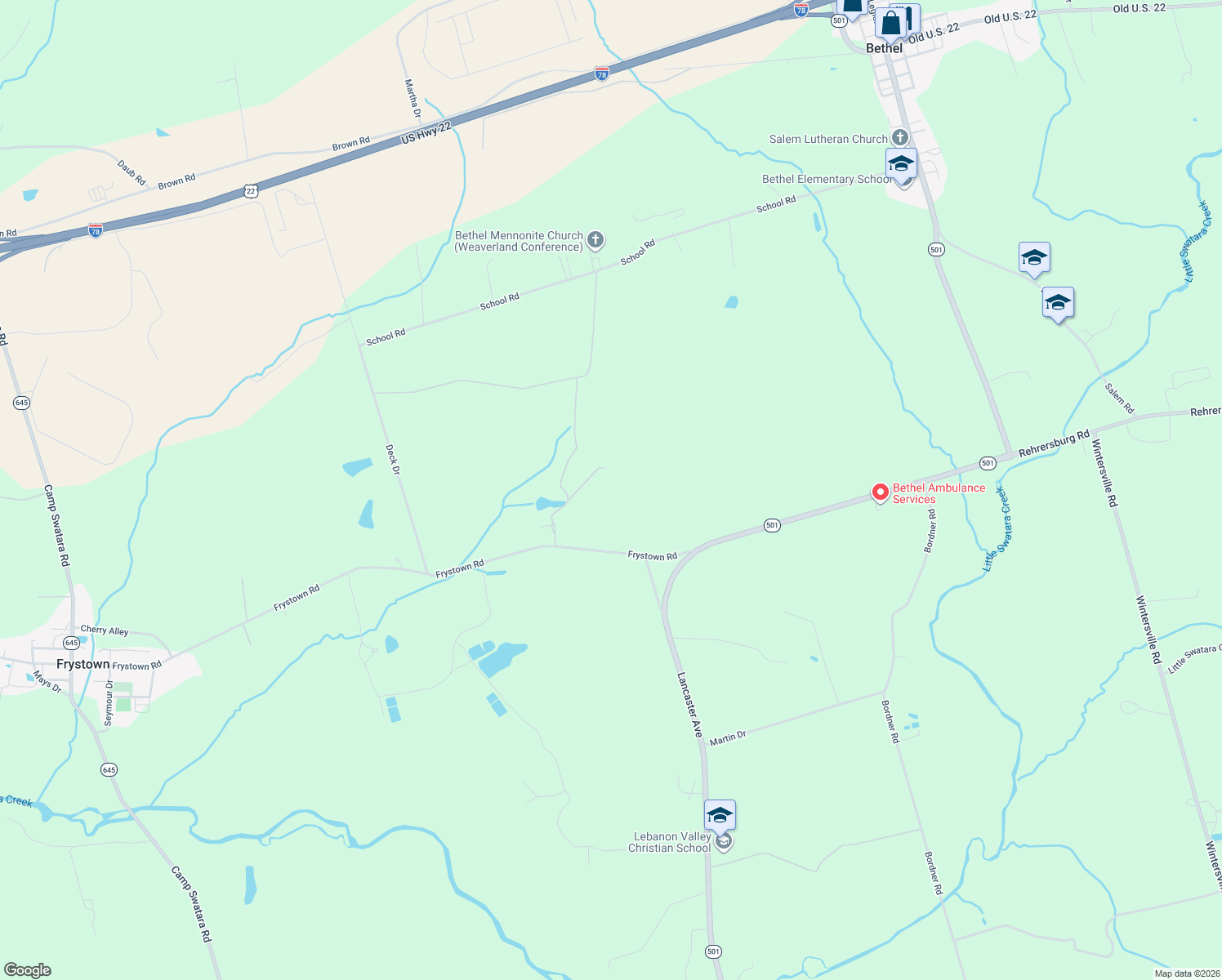 map of restaurants, bars, coffee shops, grocery stores, and more near 91 Frystown Road in Myerstown