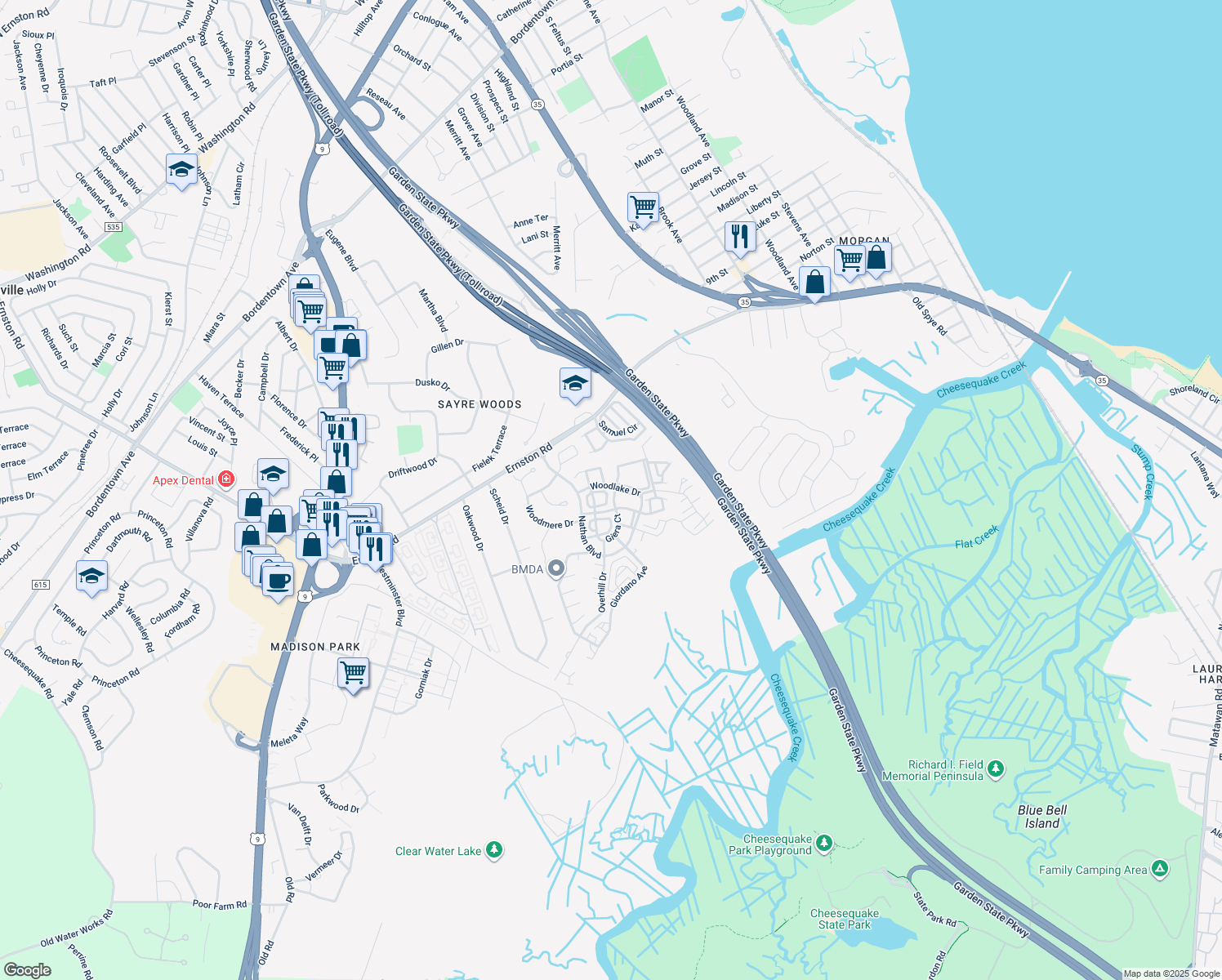 map of restaurants, bars, coffee shops, grocery stores, and more near 121 Giera Court in Sayreville