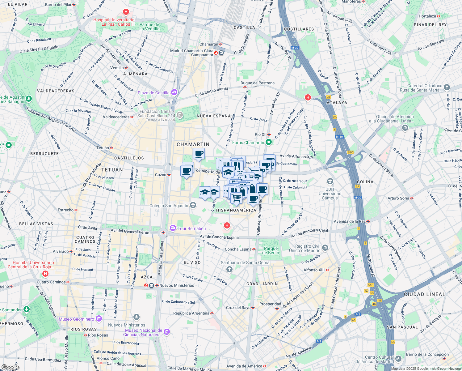 map of restaurants, bars, coffee shops, grocery stores, and more near 83 Paseo de la Habana in Madrid