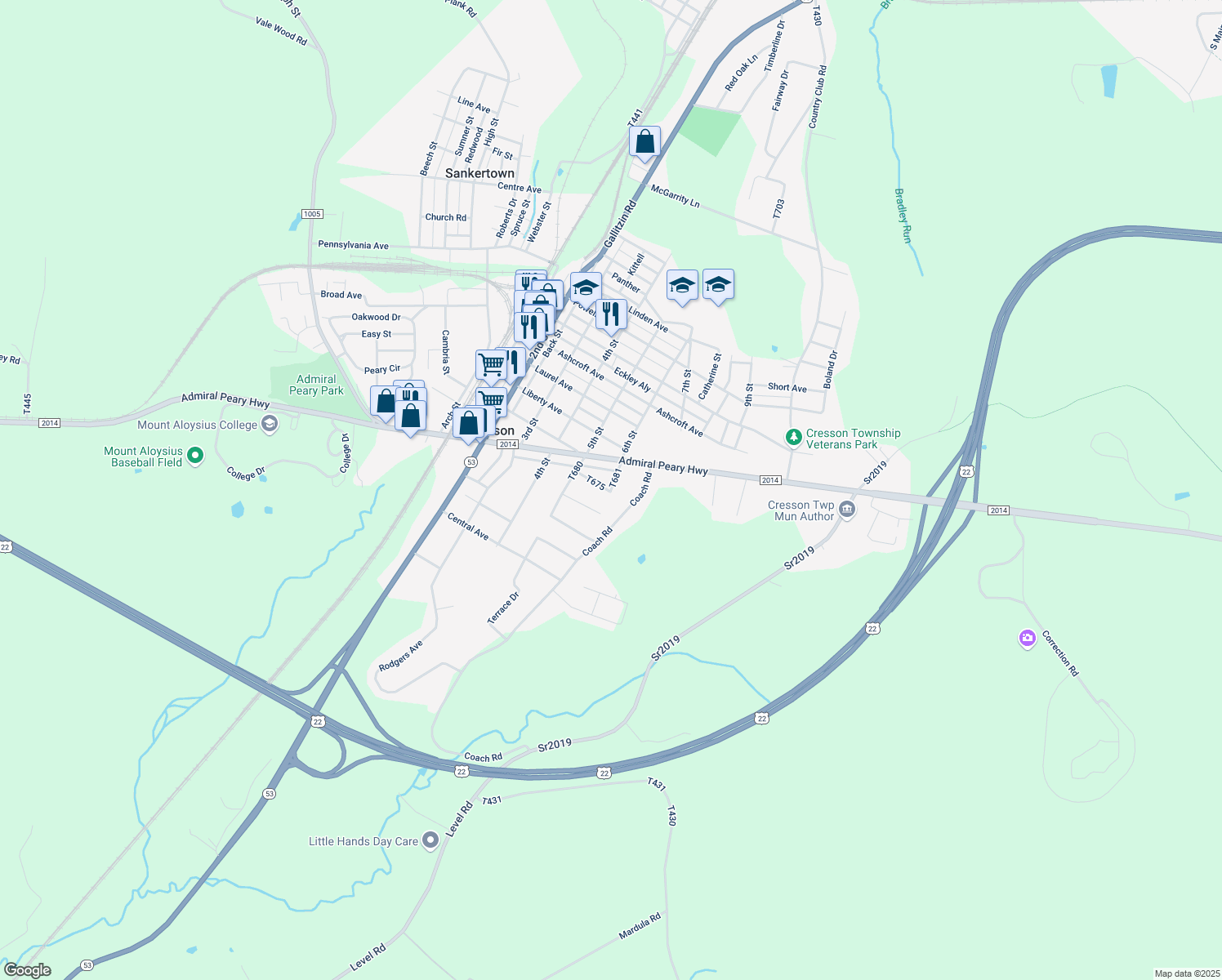 map of restaurants, bars, coffee shops, grocery stores, and more near 1098 6th St in Cresson