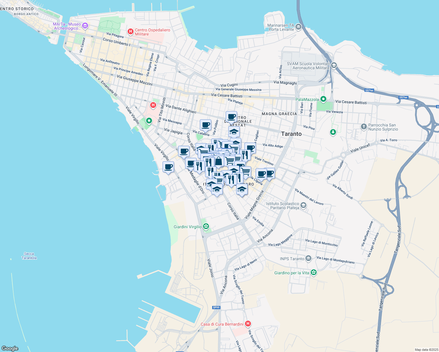 map of restaurants, bars, coffee shops, grocery stores, and more near 59 Via Emilia in Taranto